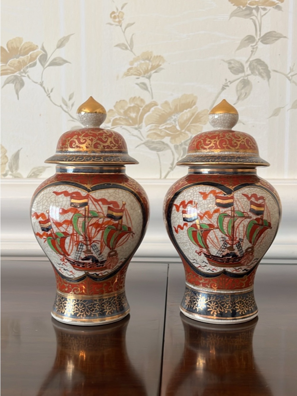 Pair of Decorative Red and Gold Lidded Ginger Jars with ships